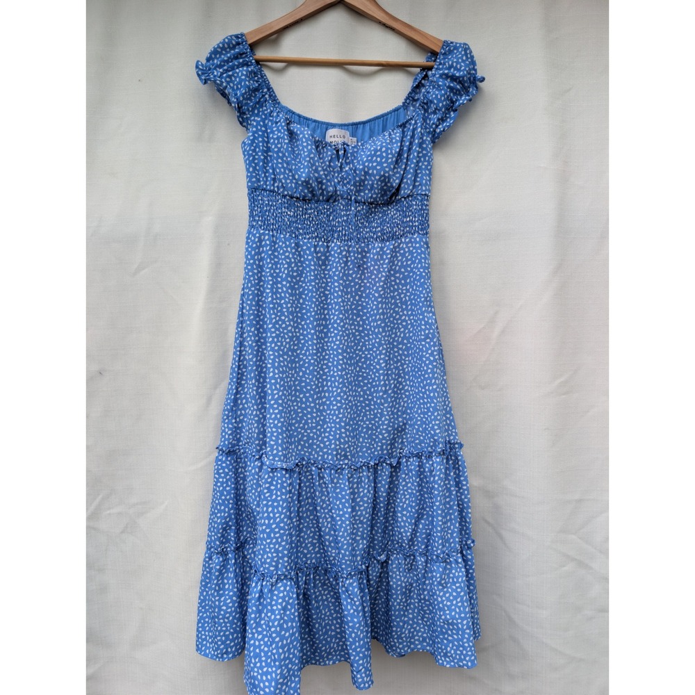 Hello Molly Cottagecore Dress Womens 6 Blue White Ruffle Tiered Peasant Midi
